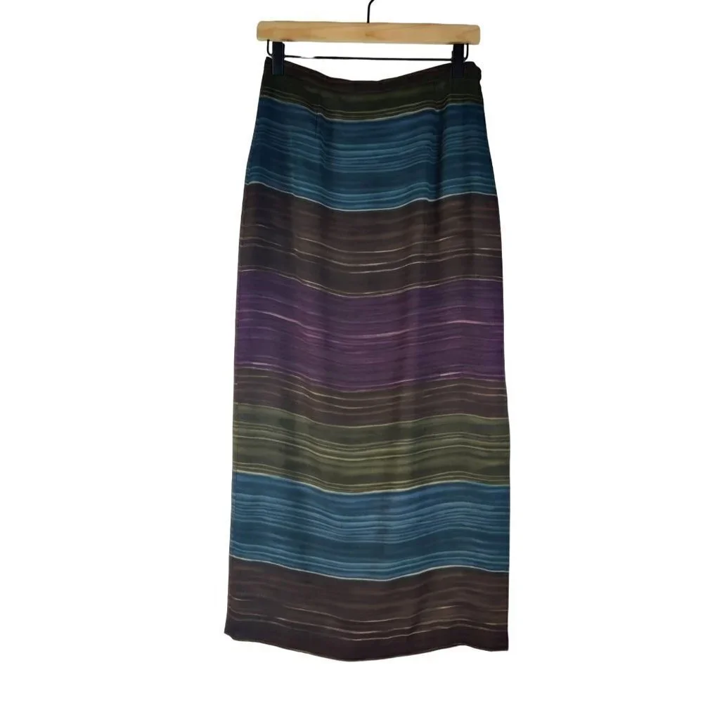 Skirt Maxi Slender Lined Multi Color Blended Stripes Rows Across Slit One side